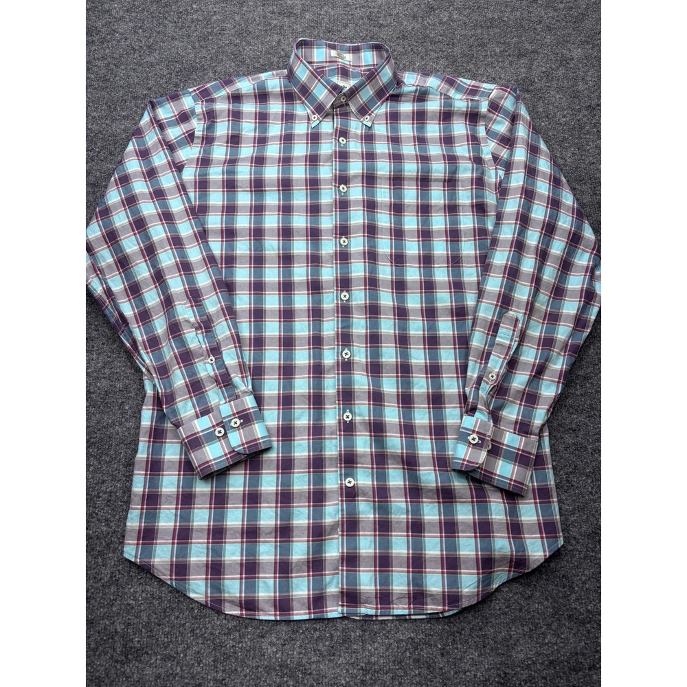 Peter Millar Mens Large Purple Teal Plaid Cotton Button Down Long Sleeve Shirt